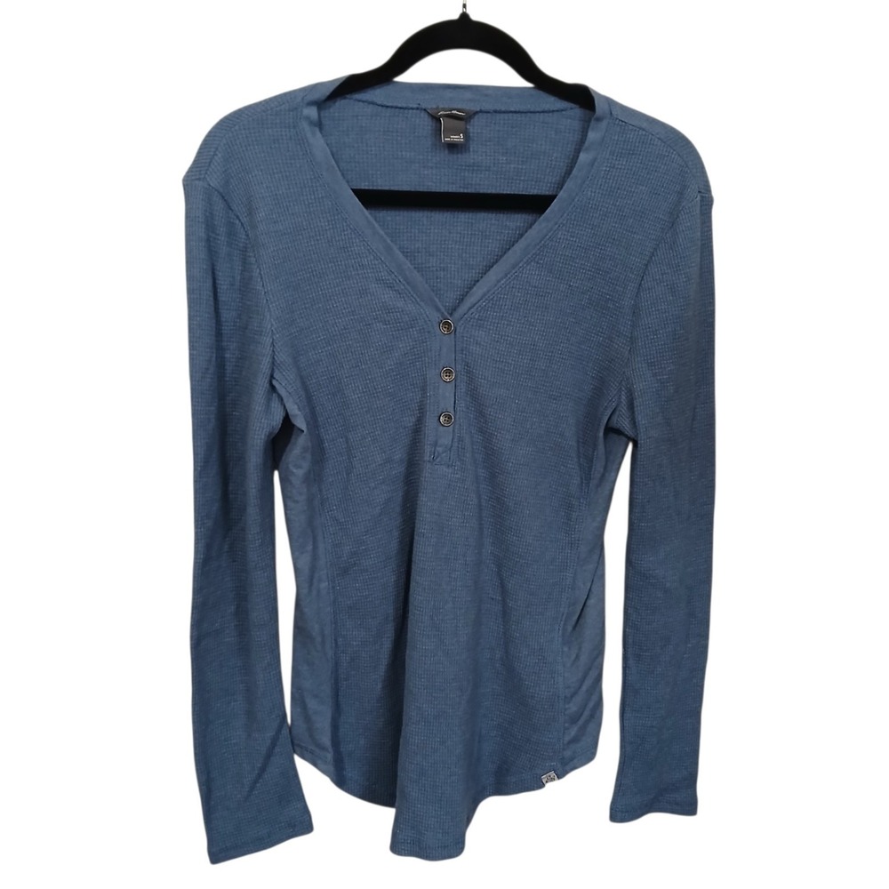 Eddie Bauer Women's Size Small Waffle Knit Henley Shirt Long Sleeve Blue V-Neck